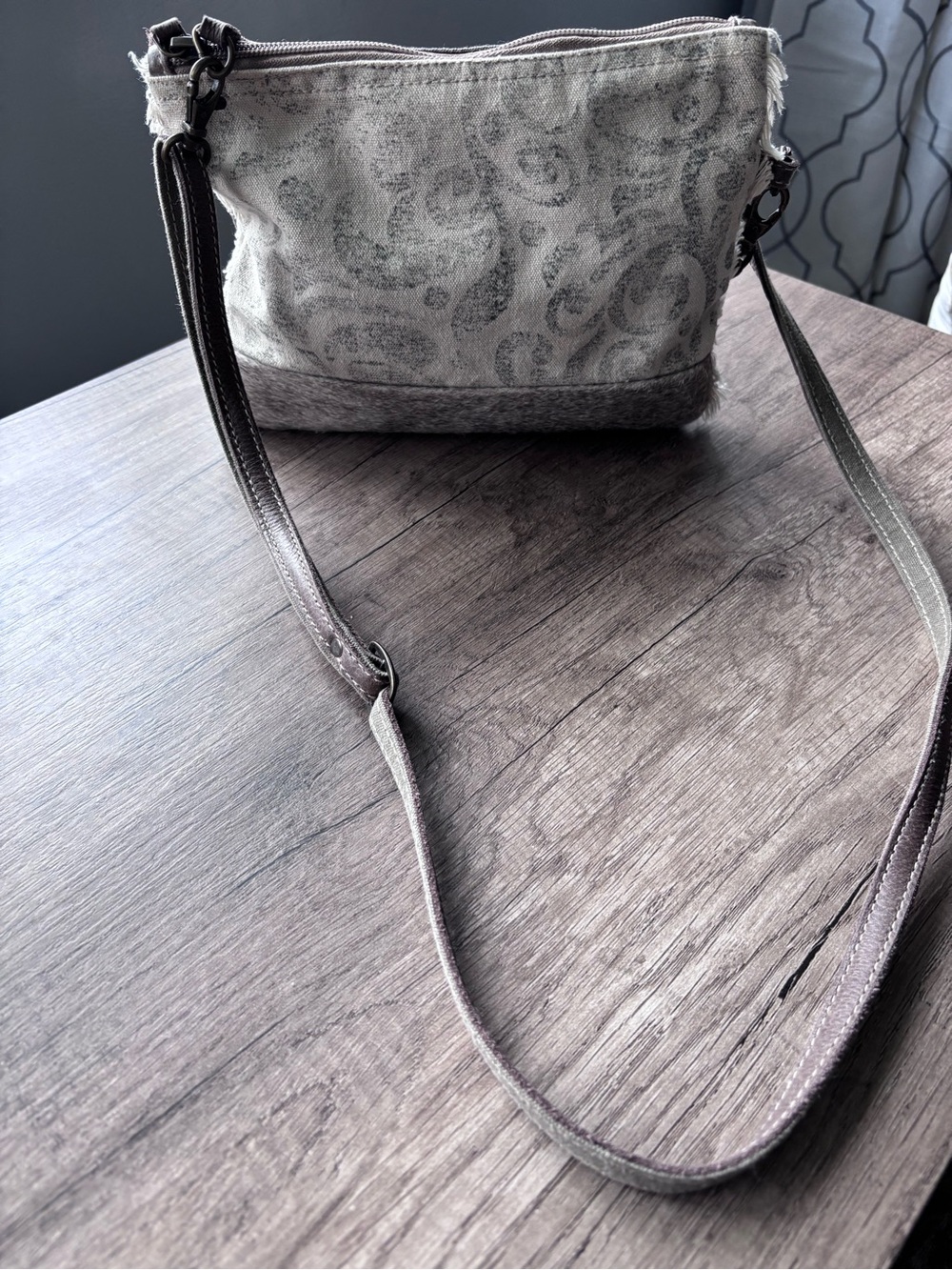 Myra Bag Gray Paisley Crossbody with Brown Strap